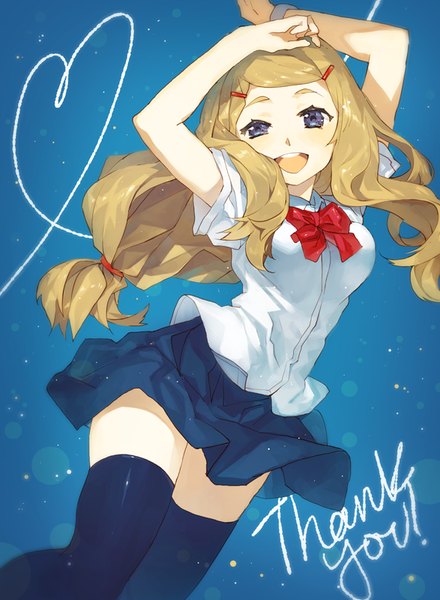 Anime picture 587x800 with pokemon pokemon xy nintendo serena (pokemon) weee (raemz) single long hair tall image looking at viewer blush open mouth blonde hair purple eyes inscription arms up heart of string thank you girl thighhighs uniform