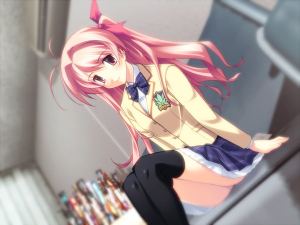 Anime picture 1280x960 with chaos;head sakihata rimi long hair blush pink hair skirt serafuku