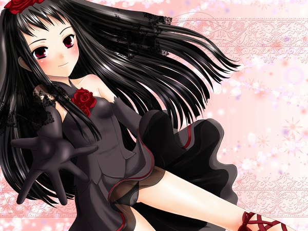 Anime picture 1024x768 with ar tonelico ar tonelico ii gust (company) jacqli inumori sayaka single long hair looking at viewer blush fringe breasts light erotic black hair smile red eyes bare shoulders hair flower wind pantyshot outstretched arm