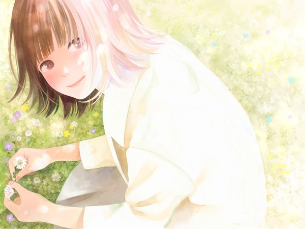 Anime picture 1400x1050 with original nakamura hinata single blush fringe short hair smile brown hair sitting holding brown eyes looking away upper body long sleeves nail polish from above lips lipstick turning head girl