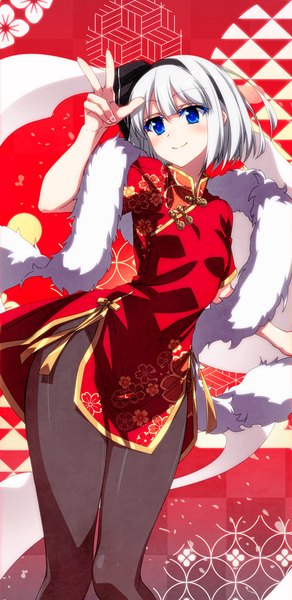 Anime picture 1200x2467 with touhou konpaku youmu myon sazanami mio tall image short hair blue eyes light erotic smile looking away white hair traditional clothes floral print victory chinese clothes new year girl dress pantyhose hairband