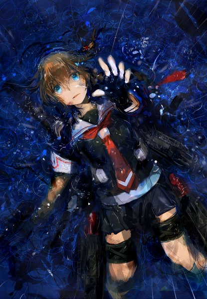 Anime picture 830x1200 with kantai collection shigure destroyer cus-tom single long hair tall image looking at viewer brown hair braid (braids) aqua eyes outstretched arm single braid rain girl skirt gloves miniskirt black gloves water belt