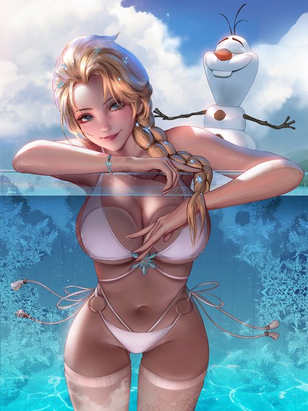 Anime picture 3000x4000 with frozen (disney) disney elsa (frozen) olaf (frozen) liang xing single long hair tall image looking at viewer fringe highres breasts blue eyes light erotic blonde hair smile large breasts standing sky cloud (clouds)