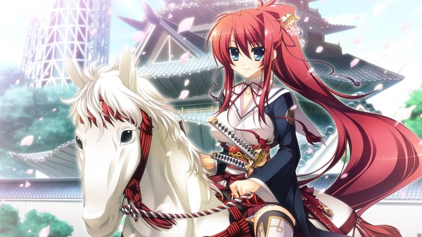 Anime picture 1280x720 with appare! tenka gomen tokugawa yoshine katagiri hinata single long hair blue eyes smile wide image sitting game cg ponytail red hair traditional clothes girl hair ornament horse