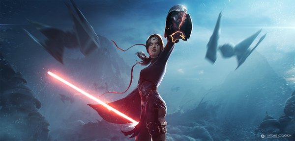 Anime picture 2000x960 with star wars original darth vader antoine collignon single long hair highres black hair wide image standing holding signed looking away sky outdoors arm up wind realistic from below depth of field