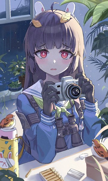 Anime picture 702x1169 with blue archive miyu (blue archive) cxxxl single long hair tall image looking at viewer blush fringe black hair red eyes upper body ahoge blunt bangs girl gloves uniform plant (plants) animal black gloves