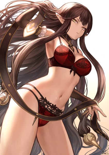 Anime picture 1302x1842 with fate (series) fate/apocrypha semiramis (fate) mashuu (neko no oyashiro) single tall image looking at viewer fringe breasts light erotic black hair simple background standing signed yellow eyes payot cleavage very long hair pointy ears from below