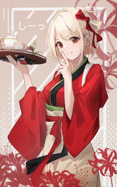 Anime picture 2906x4636 with lycoris recoil nishikigi chisato moshi ruo single tall image highres short hair blonde hair red eyes traditional clothes japanese clothes inscription finger to mouth framed floral background wa maid girl ribbon (ribbons) weapon hair ribbon