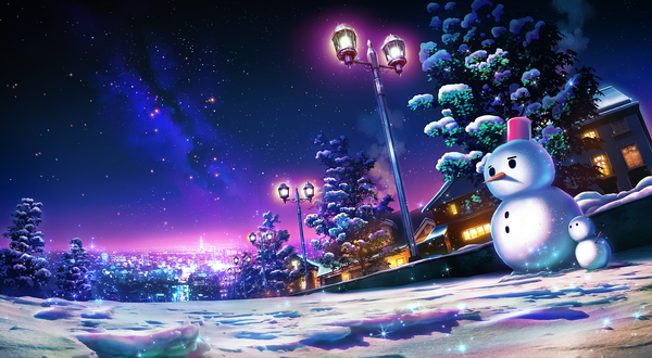 Anime picture 2000x1101 with original monorisu highres wide image night night sky light winter snow no people landscape scenic milky way fisheye plant (plants) tree (trees) building (buildings) star (stars) house lamppost