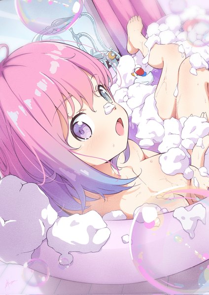 Anime picture 2896x4096 with virtual youtuber hololive himemori luna subaru duck akichazuke single tall image looking at viewer highres short hair breasts open mouth light erotic purple eyes green eyes pink hair nude heterochromia gradient hair convenient censoring