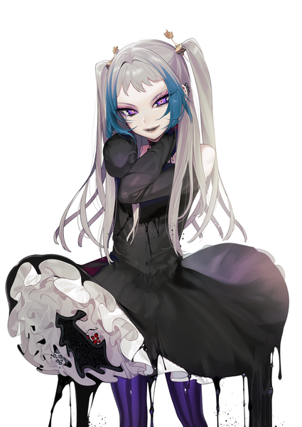 Anime picture 2508x3541 with original die (ohisashiburi) ohisashiburi single long hair tall image looking at viewer highres simple background smile standing white background purple eyes bare shoulders blue hair long sleeves parted lips multicolored hair grey hair arms up