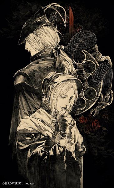 Anime picture 750x1234 with bloodborne from software lady maria of the astral clocktower plain doll megasus long hair tall image short hair multiple girls signed upper body white hair eyes closed girl 2 girls hat