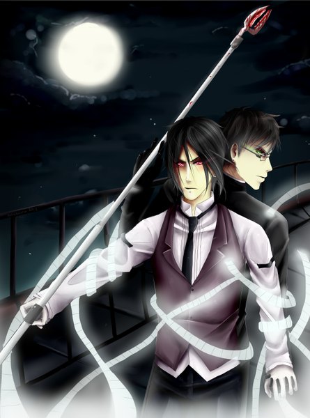 Anime picture 2200x2965 with kuroshitsuji a-1 pictures sebastian michaelis william t. spears tall image looking at viewer highres short hair black hair red eyes night multiple boys back to back multicolored eyes butler boy weapon glasses moon blood