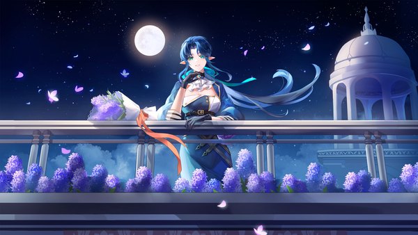 Anime picture 1920x1080 with original zuo600 single long hair looking at viewer fringe highres breasts smile wide image large breasts standing payot blue hair cloud (clouds) outdoors parted lips arm up aqua eyes wind