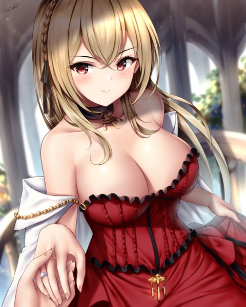 Anime picture 1280x1600 with azur lane king george v (azur lane) king george v (rose's regalia) (azur lane) wsman long hair tall image looking at viewer blush fringe breasts light erotic blonde hair smile hair between eyes red eyes large breasts standing bare shoulders signed payot