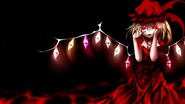 Anime picture 1920x1080 with touhou flandre scarlet maeda kousuke single looking at viewer highres short hair open mouth blonde hair red eyes wide image dark background yandere girl dress wings bonnet crystal