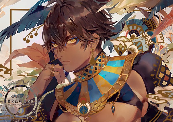 Anime picture 800x566 with fate (series) fate/prototype: fragments of blue and silver fate/prototype ozymandias (fate) renos single looking at viewer fringe short hair hair between eyes brown hair signed yellow eyes upper body alternate costume dark skin eyeshadow head rest boy earrings