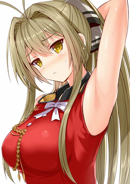 Anime picture 708x1000 with amagi brilliant park kyoto animation sento isuzu arudehido single long hair tall image looking at viewer blush light erotic brown hair brown eyes ponytail armpit (armpits) girl suit