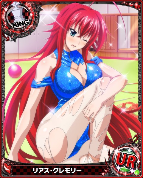Anime picture 640x800 with highschool dxd rias gremory single tall image looking at viewer blush breasts open mouth blue eyes light erotic large breasts red hair very long hair one eye closed torn clothes card (medium) girl