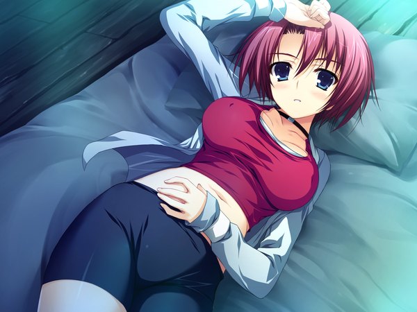 Anime picture 1600x1200 with akatsuki no goei anzu (akatsuki no goei) tomose shunsaku single looking at viewer short hair breasts blue eyes pink hair game cg lying girl leggings