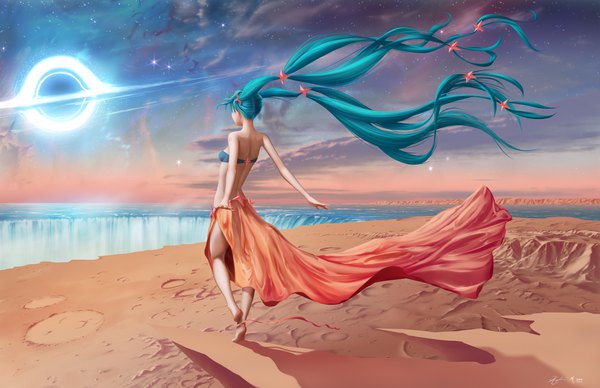 Anime picture 2400x1550 with vocaloid hatsune miku haydenm single highres breasts twintails bare shoulders signed looking away sky very long hair barefoot wind from behind aqua hair bare legs bare belly shadow thighs