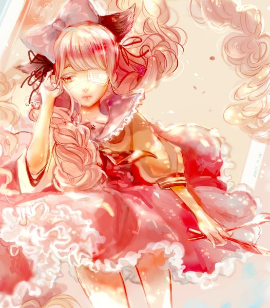 Anime picture 1794x2048 with si (pixiv) single long hair tall image highres pink hair orange eyes adjusting hair girl dress bow hair bow eyepatch knife fork