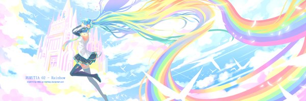 Anime picture 1900x633 with vocaloid hatsune miku myhilary long hair wide image cloud (clouds) very long hair multicolored hair girl thighhighs skirt detached sleeves animal necktie bird (birds) castle rainbow