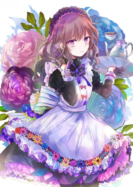 Anime picture 1190x1670 with original kazu (muchuukai) single long hair tall image looking at viewer fringe brown hair standing purple eyes holding payot light smile mole puffy sleeves mole under eye floral print wavy hair frilled dress waitress