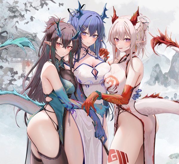 Anime picture 5488x5027 with arknights nian (arknights) dusk (arknights) nian (unfettered freedom) (arknights) ling (arknights) ru zhai long hair looking at viewer blush fringe highres breasts open mouth blue eyes light erotic smile hair between eyes red eyes brown hair large breasts