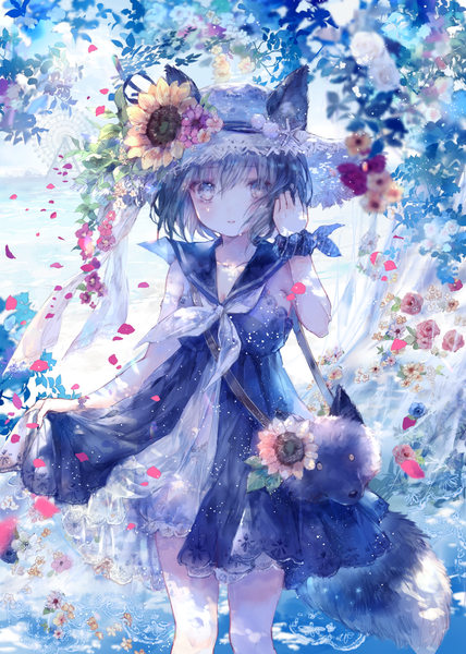 Anime picture 1000x1403 with original onineko single tall image looking at viewer blush fringe short hair blue eyes hair between eyes standing animal ears blue hair tail animal tail adjusting hair dress lift wolf ears sailor collar wolf tail