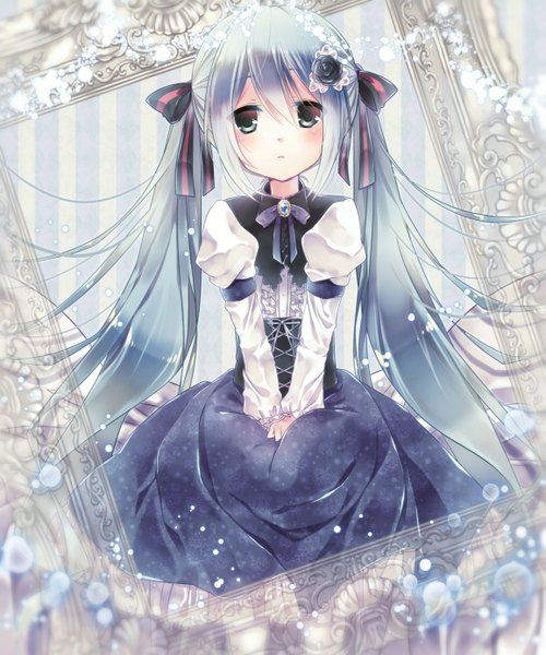 Anime picture 1153x1384 with vocaloid hatsune miku otogaki yoro single long hair tall image looking at viewer blush blue eyes blue hair hair flower empty picture frame girl dress hair ornament bow ribbon (ribbons) hair bow hair ribbon picture frame