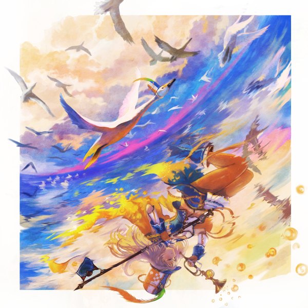 Anime picture 1200x1200 with original yoshiku (oden-usagi) long hair blush blonde hair cloud (clouds) eyes closed reflection framed girl gloves hat animal water boots bird (birds) wrist cuffs feather (feathers) bubble (bubbles) musical instrument
