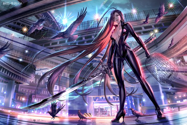 Anime picture 1800x1200 with original midori foo single looking at viewer fringe highres breasts light erotic black hair large breasts standing holding full body very long hair multicolored hair wind night high heels night sky city