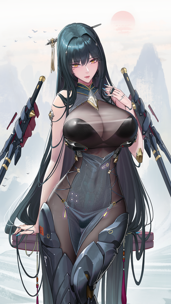 Anime picture 1418x2519 with punishing: gray raven bianca (punishing: gray raven) tsuki no i-min single tall image looking at viewer fringe breasts light erotic black hair hair between eyes large breasts yellow eyes outdoors very long hair nail polish head tilt arm up fingernails mole