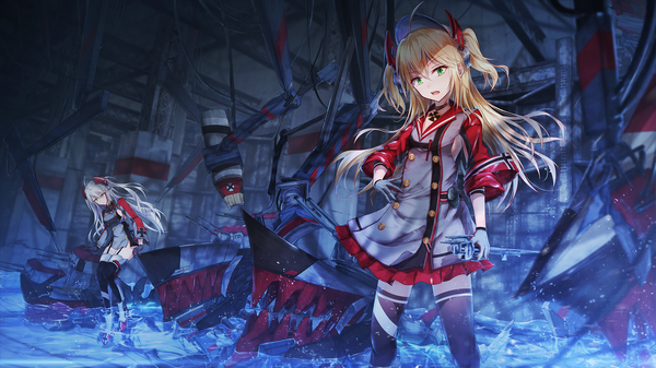 Anime picture 1920x1080 with azur lane prinz eugen (azur lane) admiral hipper (azur lane) bae.c long hair looking at viewer fringe highres blonde hair hair between eyes wide image standing multiple girls holding brown eyes green eyes silver hair ahoge multicolored hair mole