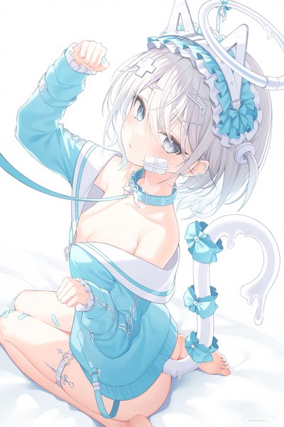 Anime picture 2333x3500 with original snow is single tall image looking at viewer blush fringe highres short hair blue eyes light erotic hair between eyes sitting bare shoulders animal ears silver hair tail nail polish parted lips animal tail