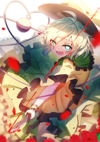 Anime picture 1100x1555 with touhou komeiji koishi qys3 single tall image looking at viewer short hair open mouth blonde hair aqua eyes outstretched arm hat removed headwear removed girl hat petals blood eyeball