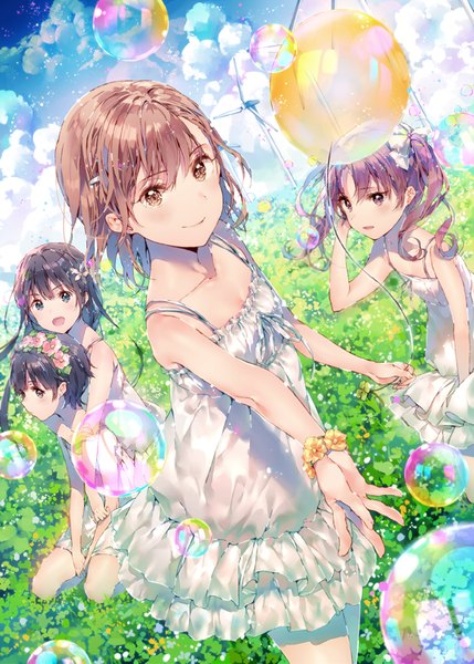 Anime picture 600x839 with to aru kagaku no railgun j.c. staff misaka mikoto shirai kuroko saten ruiko uiharu kazari dsmile long hair tall image looking at viewer blush short hair open mouth blue eyes black hair smile brown hair twintails multiple girls brown eyes