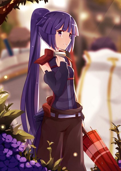 Anime picture 750x1060 with log horizon akatsuki (log horizon) mmrailgun single long hair tall image purple eyes looking away purple hair ponytail closed umbrella girl flower (flowers) detached sleeves umbrella