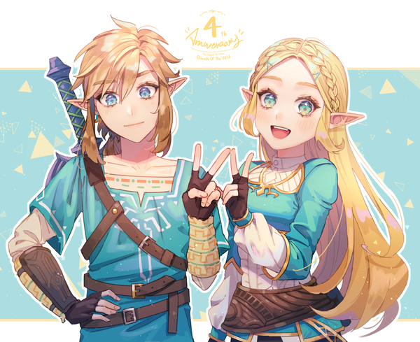 Anime picture 4169x3400 with the legend of zelda the legend of zelda: breath of the wild nintendo princess zelda link tamaki599 long hair looking at viewer highres short hair open mouth blue eyes blonde hair green eyes absurdres upper body head tilt :d pointy ears hand on hip