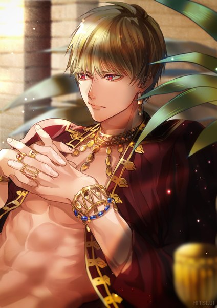Anime picture 900x1273 with fate (series) fate/grand order gilgamesh (fate) sakura hitsuji single tall image fringe short hair blonde hair hair between eyes red eyes signed looking away open clothes depth of field muscle interlocked fingers abs boy plant (plants)