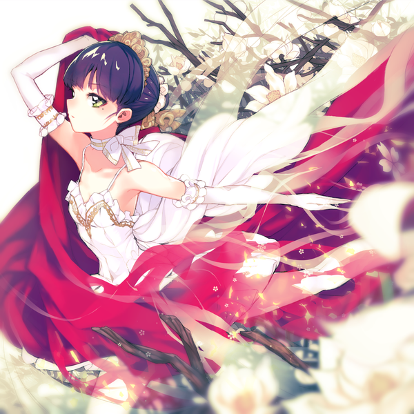Anime picture 1200x1200 with original koto suomi single looking at viewer short hair yellow eyes purple hair mole mole under eye girl dress gloves flower (flowers) elbow gloves white gloves branch tiara