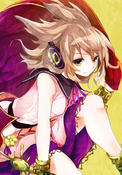 Anime picture 558x800 with touhou toyosatomimi no miko makuwauri single tall image short hair simple background brown hair sitting bare shoulders brown eyes looking away yellow background girl bracelet headphones jewelry