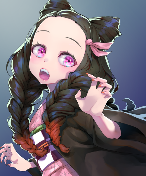 Anime picture 900x1080 with kimetsu no yaiba ufotable kamado nezuko mizuho single long hair tall image looking at viewer open mouth black hair holding upper body red hair braid (braids) nail polish traditional clothes japanese clothes pink eyes wide sleeves :o