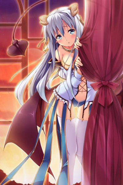 Anime picture 1024x1536 with ragnarok online erect! archbishop (ragnarok online) lunastia astyr piromizu single long hair tall image blush open mouth blue eyes light erotic game cg silver hair white hair tail horn (horns) pointy ears girl thighhighs