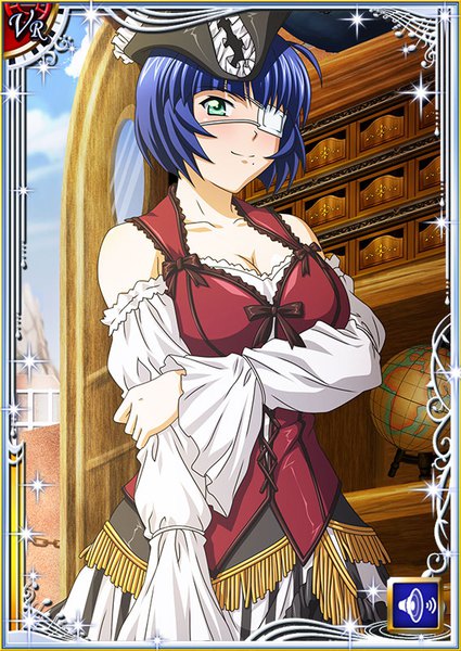 Anime picture 567x800 with ikkitousen ryomou shimei single tall image looking at viewer short hair breasts smile large breasts green eyes blue hair ahoge mole wide sleeves card (medium) mole under mouth girl hat detached sleeves eyepatch