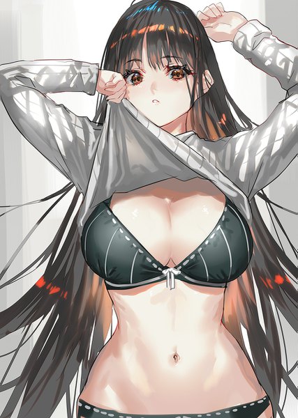 Anime-Bild 855x1200 mit original ranou single long hair tall image fringe breasts light erotic black hair simple background large breasts standing brown eyes cleavage blunt bangs long sleeves parted lips arms up sweater lift girl