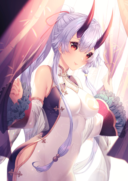 Anime-Bild 900x1273 mit fate (series) fate/grand order tomoe gozen (fate) rosuuri single long hair tall image blush fringe breasts smile hair between eyes red eyes signed payot looking away silver hair nail polish traditional clothes horn (horns)