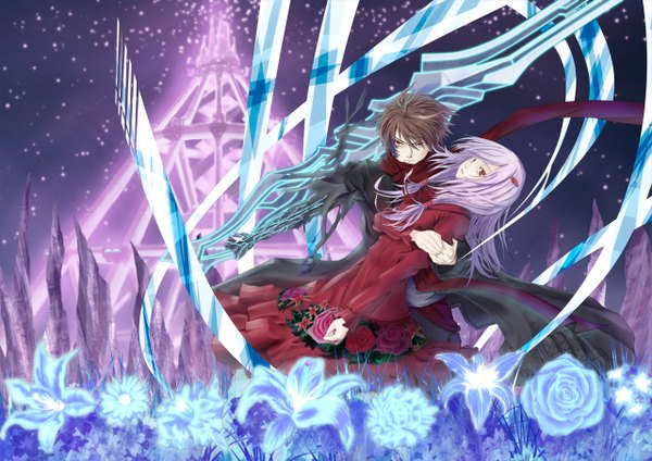 Anime picture 1280x905 with guilty crown production i.g yuzuriha inori ouma shu long hair short hair black hair red eyes pink hair couple girl dress boy hair ornament flower (flowers) weapon sword hairclip scarf