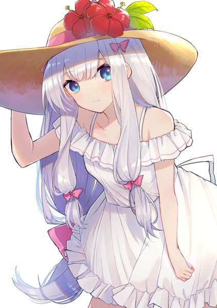 Anime picture 698x989 with eromanga sensei a-1 pictures izumi sagiri coyucom single long hair tall image looking at viewer fringe blue eyes standing bare shoulders silver hair head tilt adjusting hat girl dress flower (flowers) hat white dress